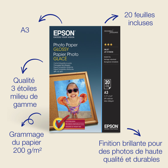 Epson Papier photo A3 brillant 200 g/m2, 20 feuilles (C13S042536)