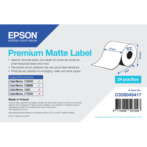Epson TM-3400 – Rouleau adhésif continu Premium Matte 51mm x 35mm (C33S045417)