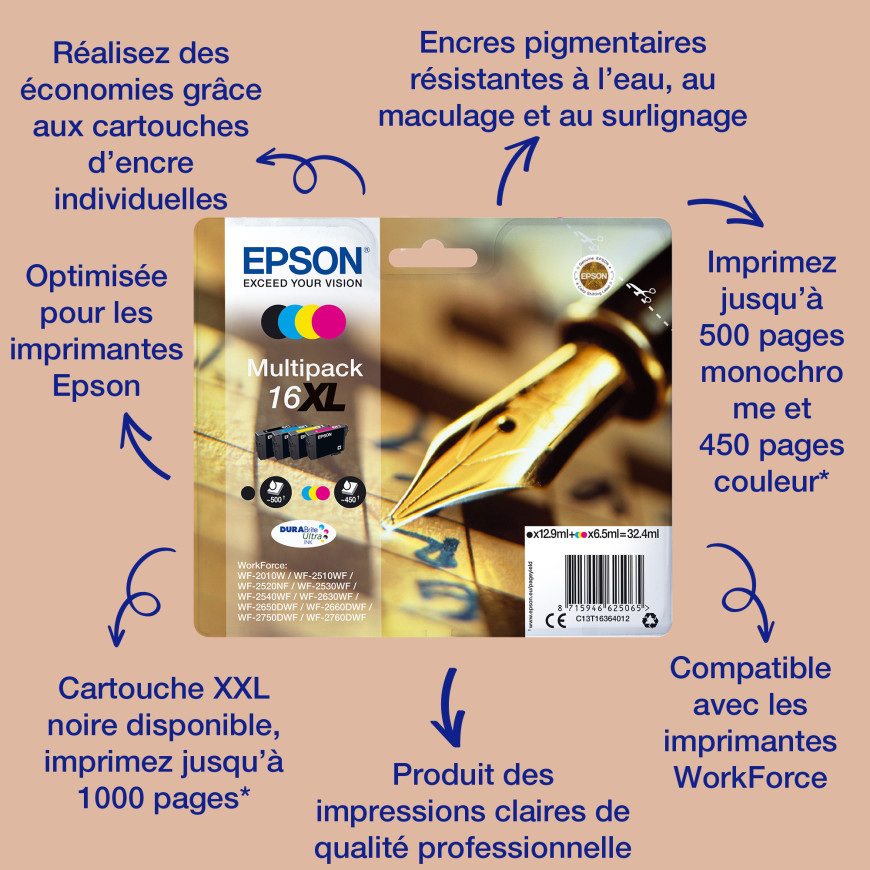 Epson 16 DURABrite Ultra Ink – Multipack 4 couleurs (C13T16264022)