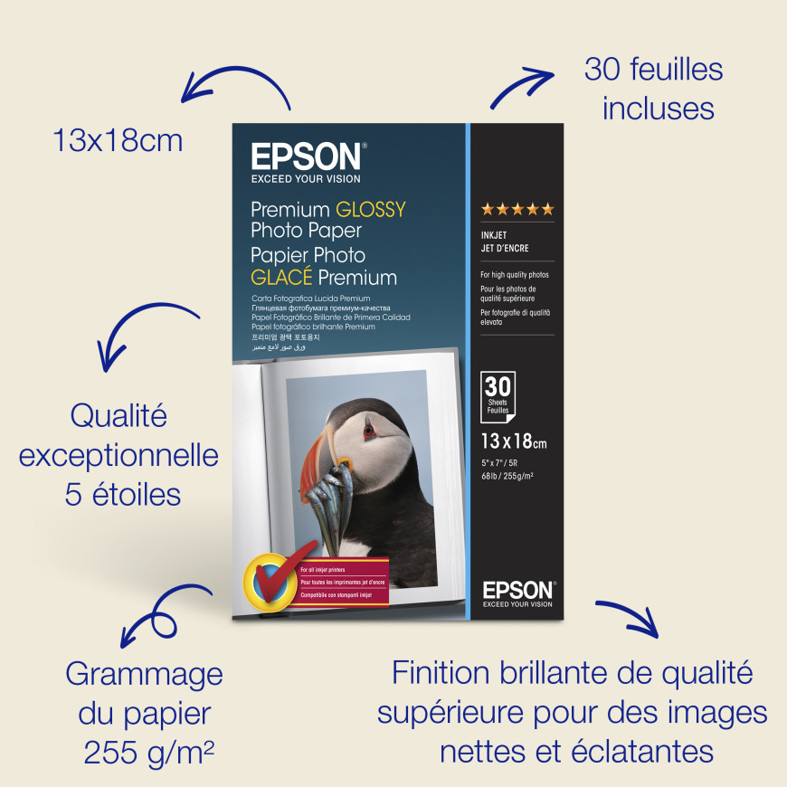 Epson Premium Glossy Photo Paper – Papier photo brillant 130 x 180 mm (C13S042154)