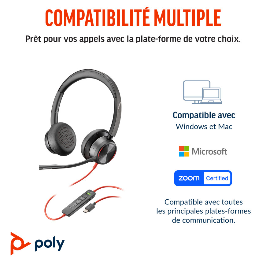 Micro-casque HP Poly Blackwire 8225 stéréo USB-C + adaptateur USB-C/A