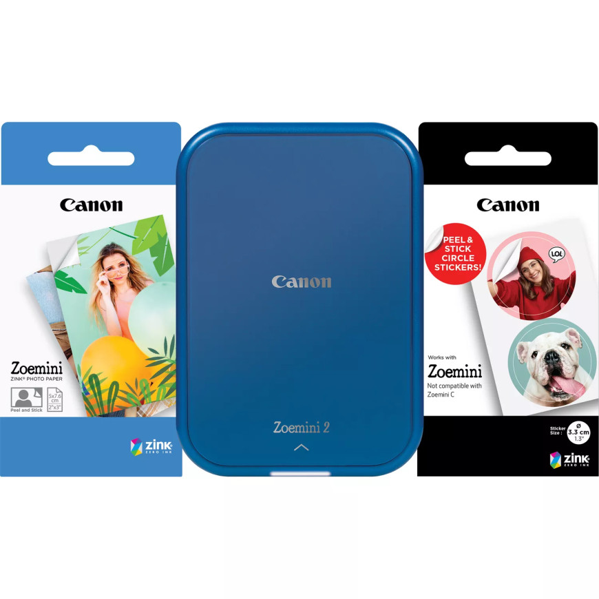 Imprimante photo couleur portable Canon Zoemini 2, bleu marine + papier photo ZINK™ 5 × 7,6 cm (20 feuilles) + papier autocollan