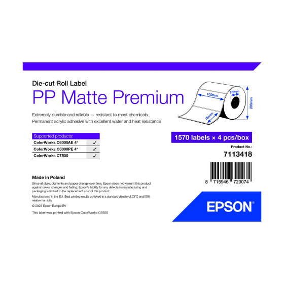 Epson PP Matte Label Premium, Die-cut Roll, 102mm x 76mm – Étiquettes adhésives mat (7113418)