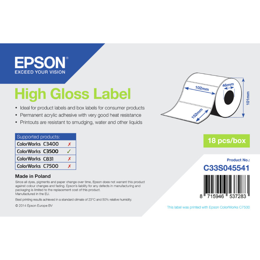 Epson High Gloss Label - Die-cut Roll: 102mm x 152mm, 210 étiquettes (C33S045541)
