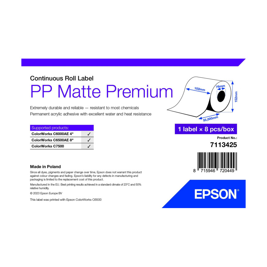 Epson PP Matte Label Premium, Continuous Roll, 102mm x 55m (7113425)