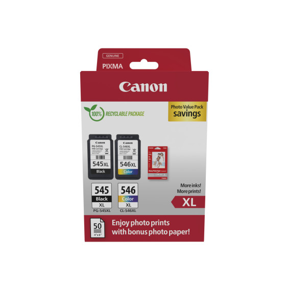 Cartouche d'encre à haut rendement Canon PG-545XL/CL-546XL + Pack à prix réduit de papiers photo