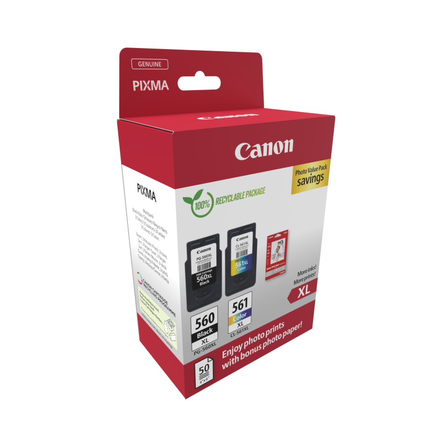 Pack à prix réduit Canon de cartouches d'encre noire PG-560XL et couleur CL-561XL + Papier Photo