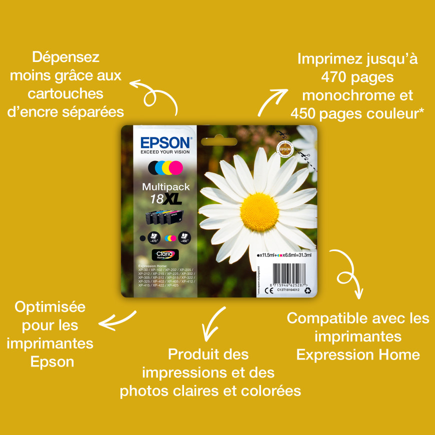 Epson Claria Home multipack 4 couleurs Pâquerette 18 – Kit de cartouches d’encre polyvalent (C13T18064012)