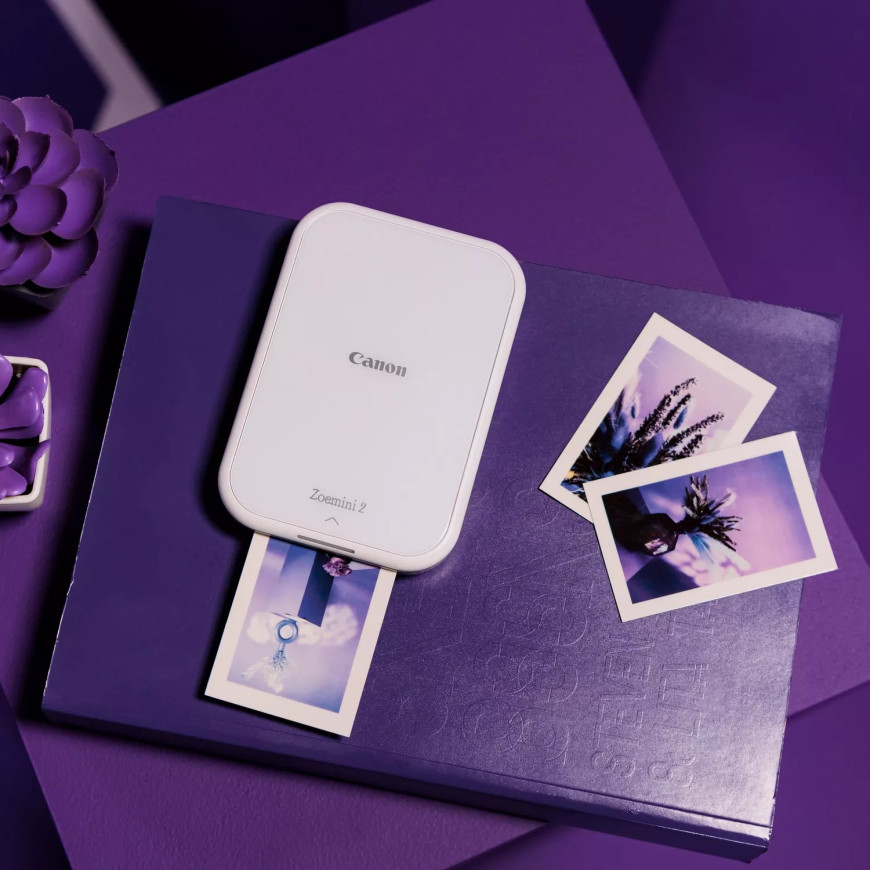 Imprimante photo couleur portable Canon Zoemini 2, blanc + papier photo autocollant ZINK™ 5 × 7,6 cm (20 feuilles) + papier auto