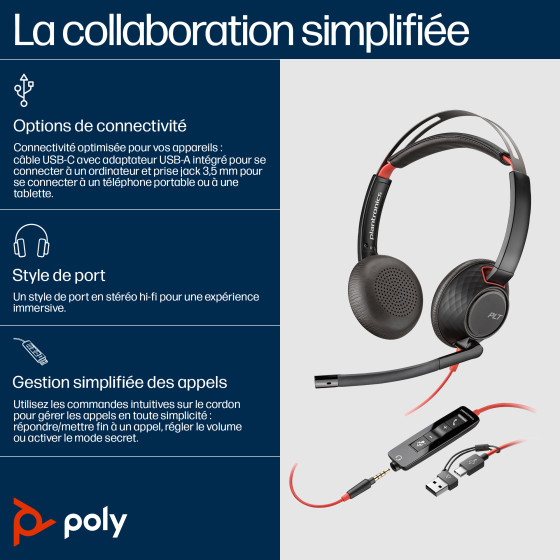 Micro-casque stéréo USB-C HP Poly Blackwire 5220 + prise 3,5 mm + adaptateur USB-C/A (lot)