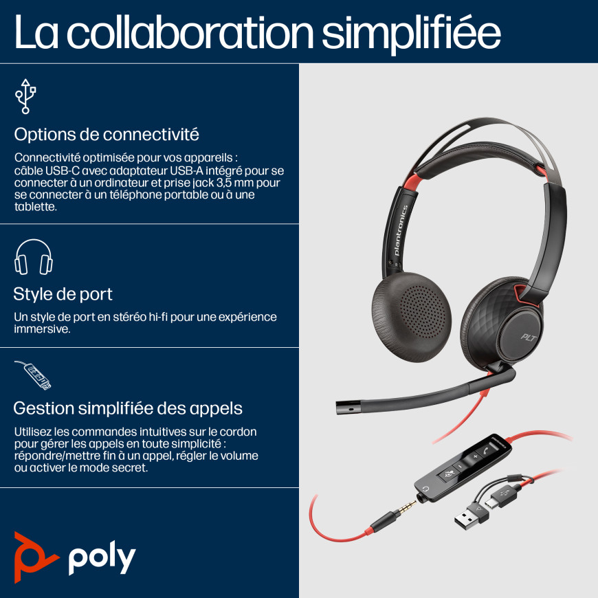Micro-casque stéréo USB-C HP Poly Blackwire 5220 + prise 3,5 mm + adaptateur USB-C/A (lot)