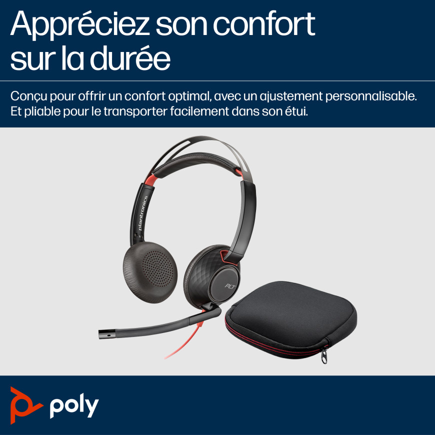 Micro-casque stéréo USB-C HP Poly Blackwire 5220 + prise 3,5 mm + adaptateur USB-C/A (lot)