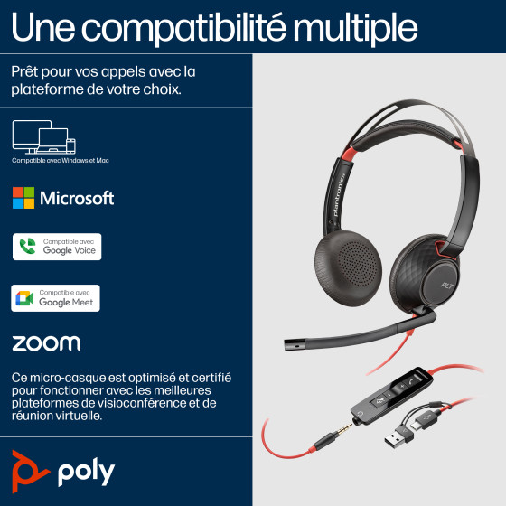 Micro-casque stéréo USB-C HP Poly Blackwire 5220 + prise 3,5 mm + adaptateur USB-C/A (lot)