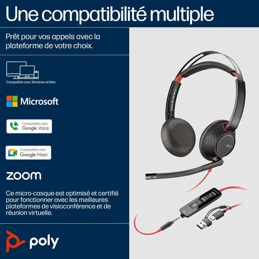 Micro-casque stéréo USB-C HP Poly Blackwire 5220 + prise 3,5 mm + adaptateur USB-C/A (lot)