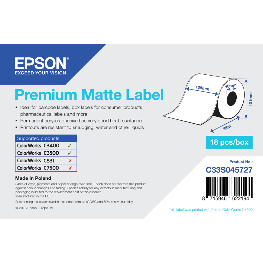 Epson Premium Matte Label - Étiquettes mates en rouleau continu (C33S045727)