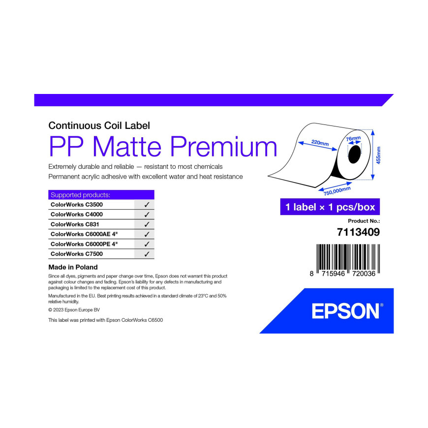 Epson PP Matte Label Premium, Coil, 220mm x 750m (7113409)