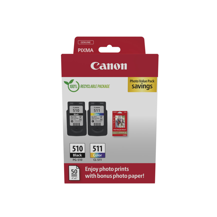 Pack à prix réduit cartouches d'encre PG-510/CL-511 + papier photo Canon