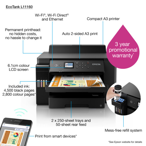 Imprimante multifonction Epson EcoTank L11160 – A3+ rapide et économique (C11CJ04403)