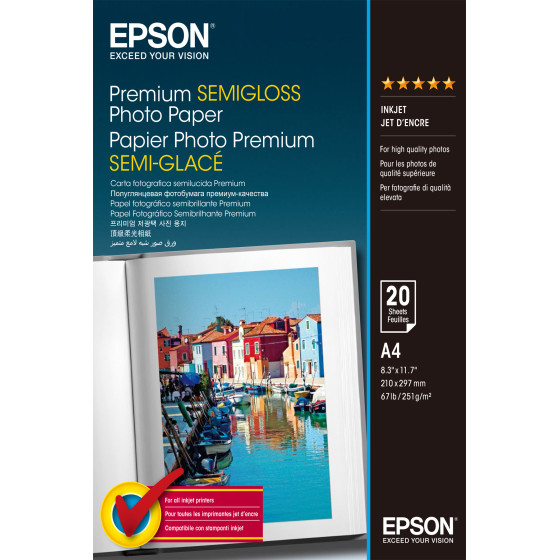 Epson Premium Semigloss Photo Paper - Papier photo semi-glacé A4 - 20 feuilles (C13S041332)