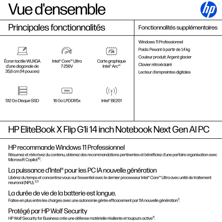 PC portable Professionnel IA 2 en 1 HP EliteBook X Flip G1i 14"