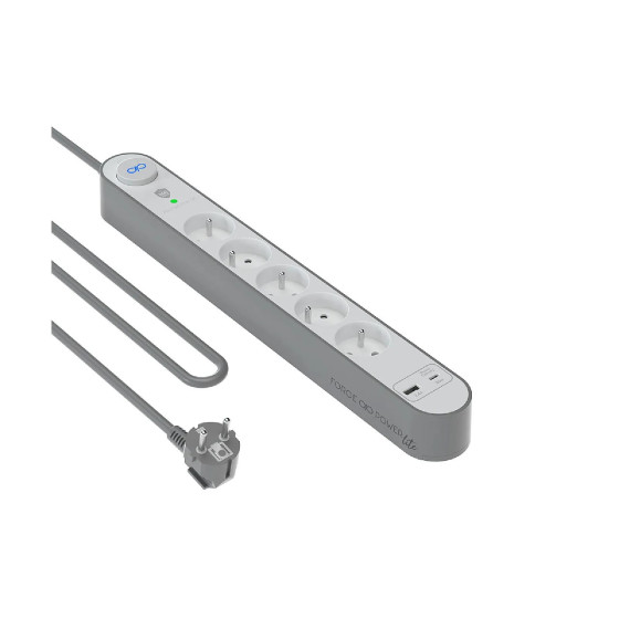 Force Power Rallonge Parafoudre 5 Prises Type-E 800 Joules avec Ports USB-A et USB-C 1,5m Argent