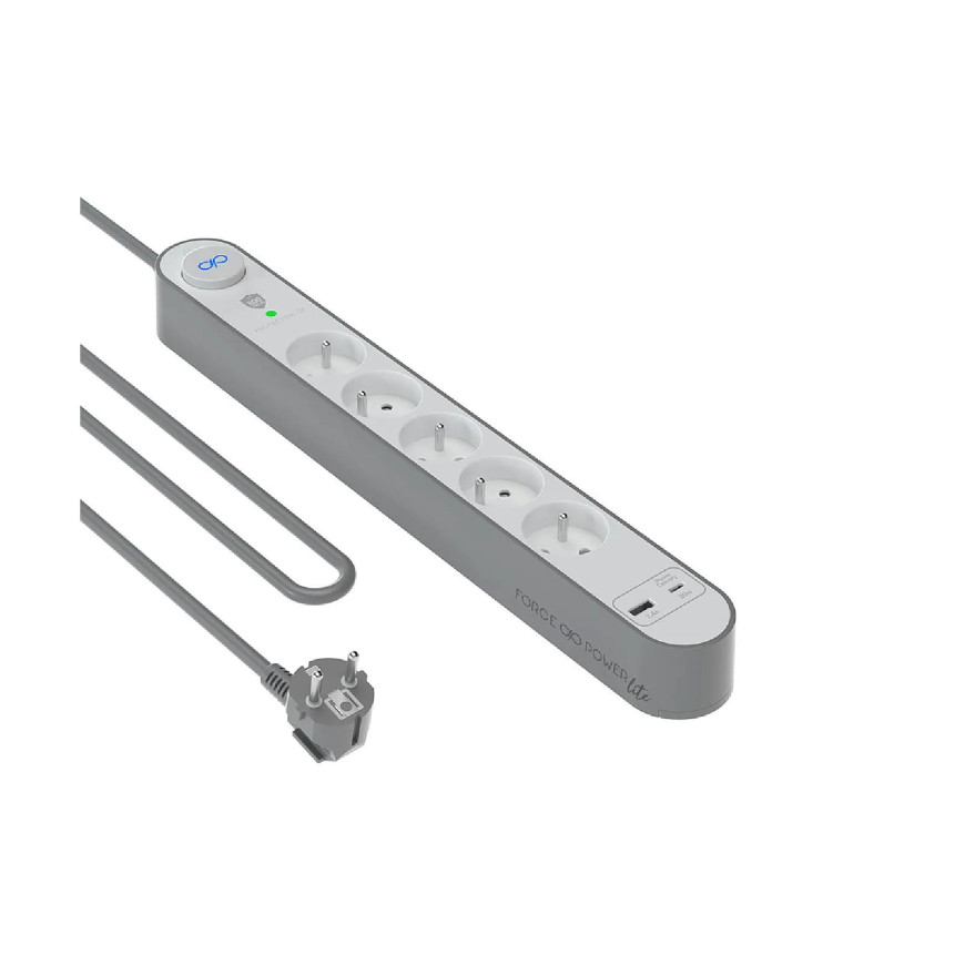Force Power Rallonge Parafoudre 5 Prises Type-E 800 Joules avec Ports USB-A et USB-C 1,5m Argent