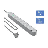 Force Power Rallonge Parafoudre 5 Prises Type-E 800 Joules avec Ports USB-A et USB-C 1,5m Argent