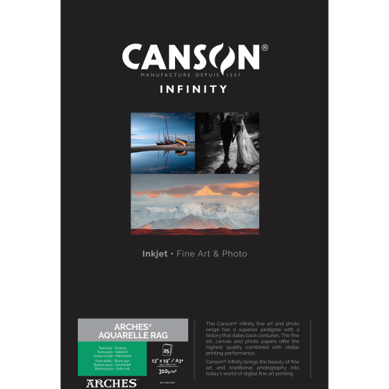 Canson ARCHES® Aquarelle Rag (Blanc pur) 310 g/m², A3 Plus, 25 feuilles