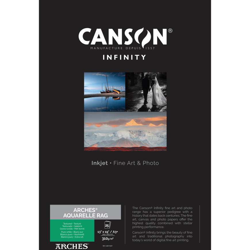 Canson ARCHES® Aquarelle Rag (Blanc pur) 310 g/m², A3 Plus, 25 feuilles