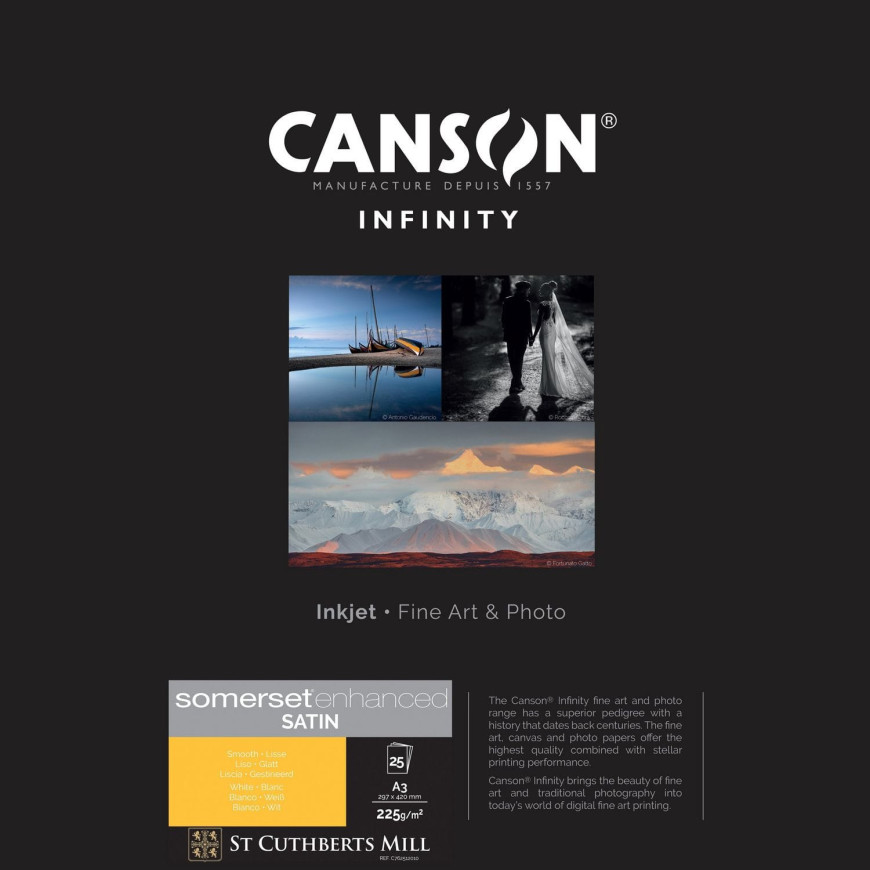 Papier Canson Infinity Somerset Enhanced Satin White, 225 g/m², A3, 25 feuilles