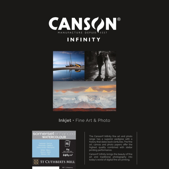 Papier Canson Infinity Somerset Enhanced Watercolour Rag White, 240 g/m², A4, 25 feuilles