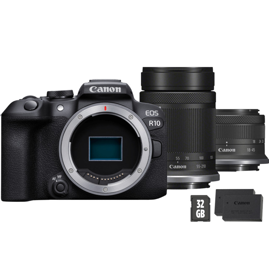 Appareil photo hybride Canon EOS R10 + objectif RF-S 55-210mm + objectif RF-S 18-45mm + carte SD + batterie supplémentaire