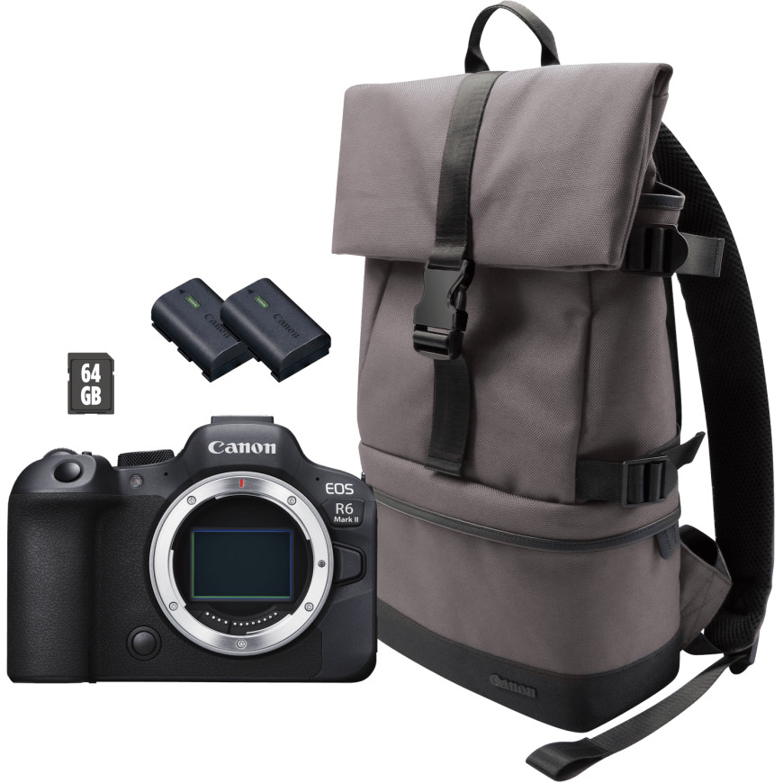 Appareil photo hybride Canon EOS R6 Mark II, noir + sac à dos + carte SD + batterie supplémentaire