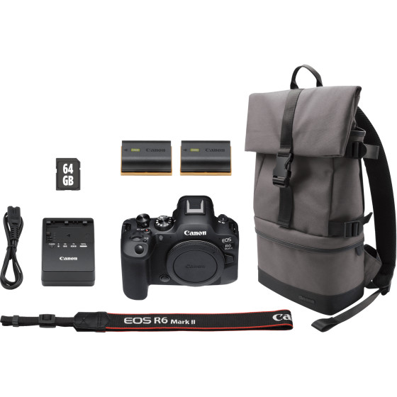 Appareil photo hybride Canon EOS R6 Mark II, noir + sac à dos + carte SD + batterie supplémentaire