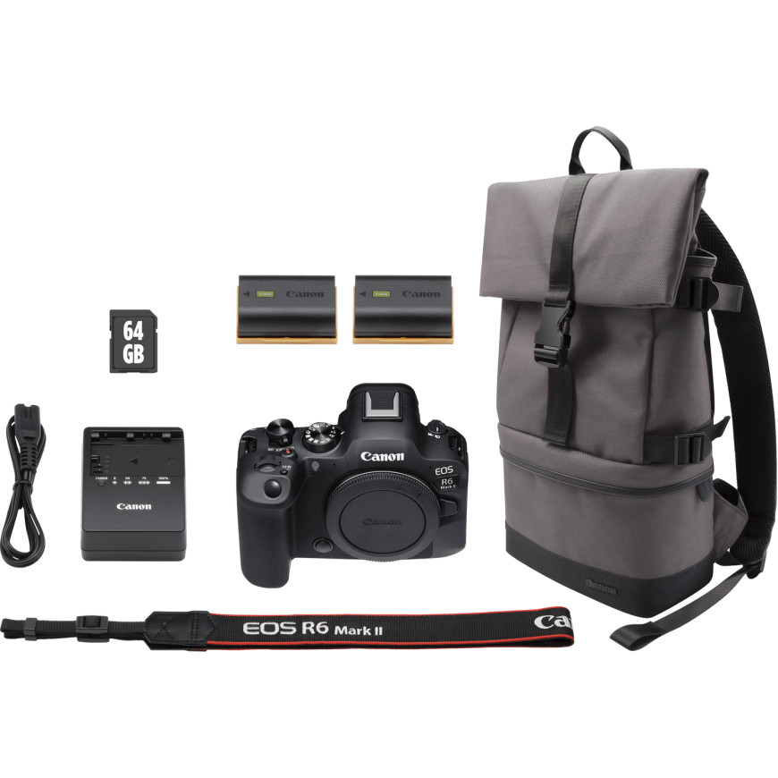 Appareil photo hybride Canon EOS R6 Mark II, noir + sac à dos + carte SD + batterie supplémentaire