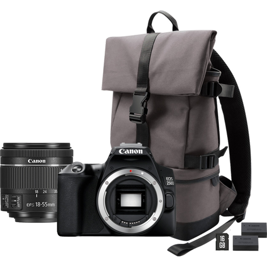 Appareil photo Canon EOS 250D, noir + objectif EF-S 18-55mm f/4-5.6 IS STM + batterie de rechange