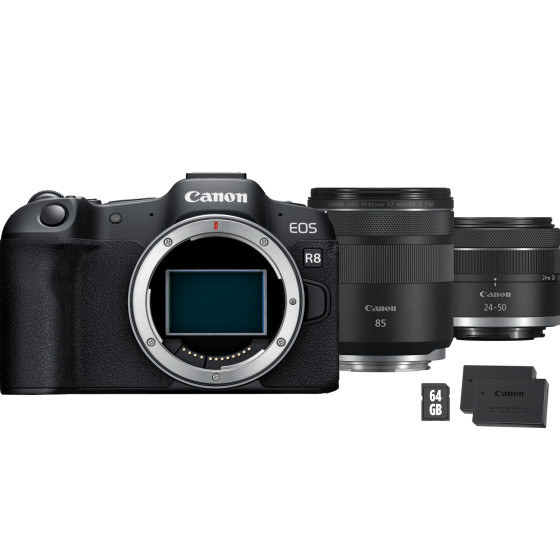 Appareil photo hybride Canon EOS R8, noir + objectif RF 85mm Macro IS STM + objectif RF 24-50mm IS STM