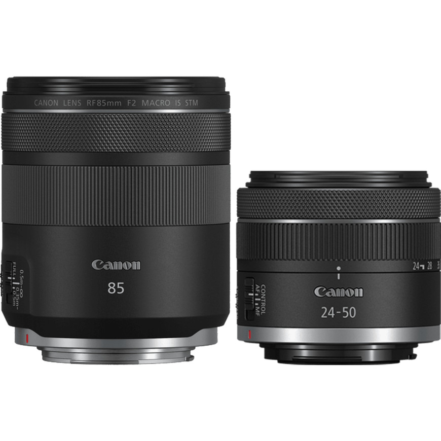 Appareil photo hybride Canon EOS R8, noir + objectif RF 85mm Macro IS STM + objectif RF 24-50mm IS STM