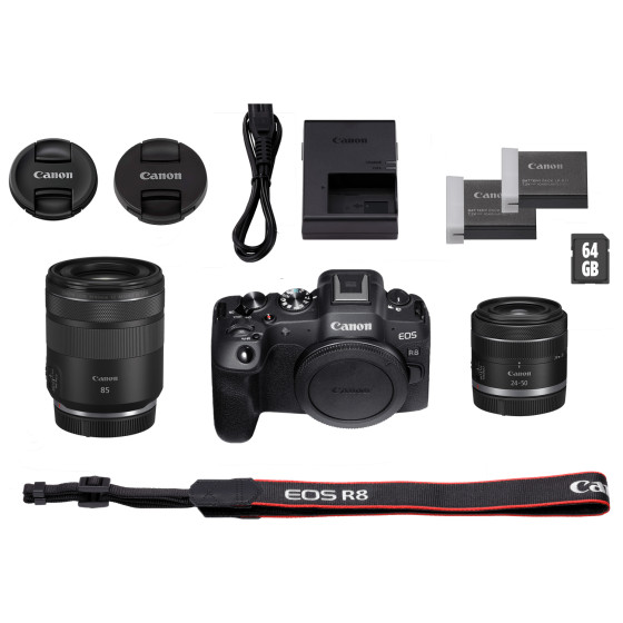 Appareil photo hybride Canon EOS R8, noir + objectif RF 85mm Macro IS STM + objectif RF 24-50mm IS STM