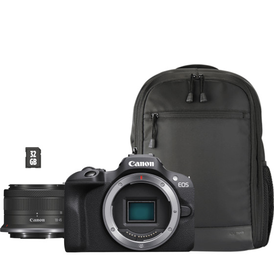 Appareil photo hybride Canon EOS R100 + RF-S 18-45mm F4.5-6.3 IS STM + sac à dos + carte SD