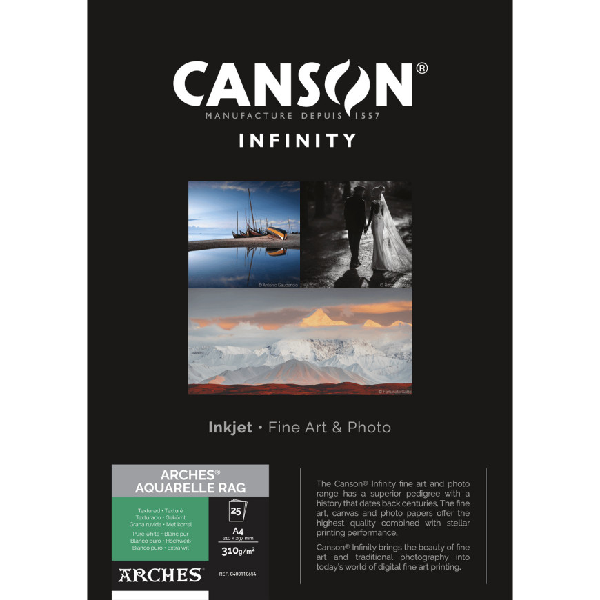 Canson ARCHES® Aquarelle Rag (Blanc pur) 310 g/m², A4, 25 feuilles