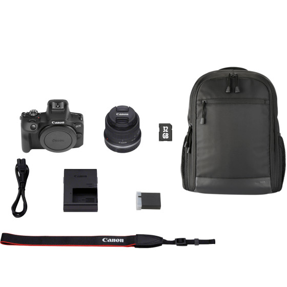 Appareil photo hybride Canon EOS R100 + RF-S 18-45mm F4.5-6.3 IS STM + sac à dos + carte SD
