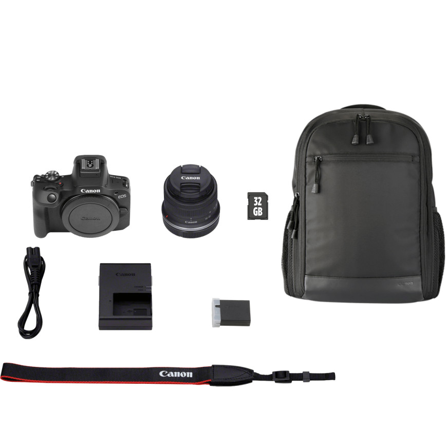 Appareil photo hybride Canon EOS R100 + RF-S 18-45mm F4.5-6.3 IS STM + sac à dos + carte SD
