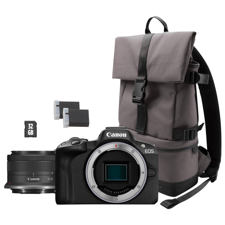 Appareil photo hybride Canon EOS R50, noir + objectif RF-S 18-45mm F4.5-6.3 IS STM + sac à dos + carte SD + batterie supplémenta