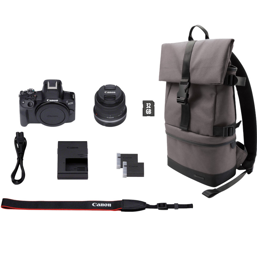 Appareil photo hybride Canon EOS R50, noir + objectif RF-S 18-45mm F4.5-6.3 IS STM + sac à dos + carte SD + batterie supplémenta