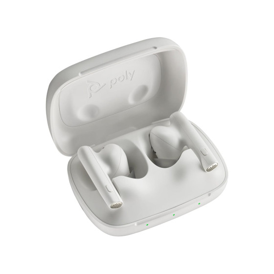 Écouteurs sable blanc HP Poly Voyager Free 60 UC M + adaptateur USB-A BT700 + étui de charge de base