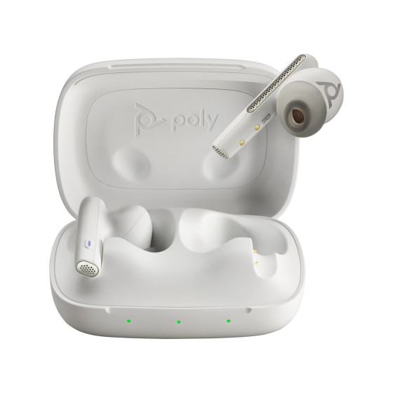 Écouteurs sable blanc HP Poly Voyager Free 60 UC M + adaptateur USB-A BT700 + étui de charge de base