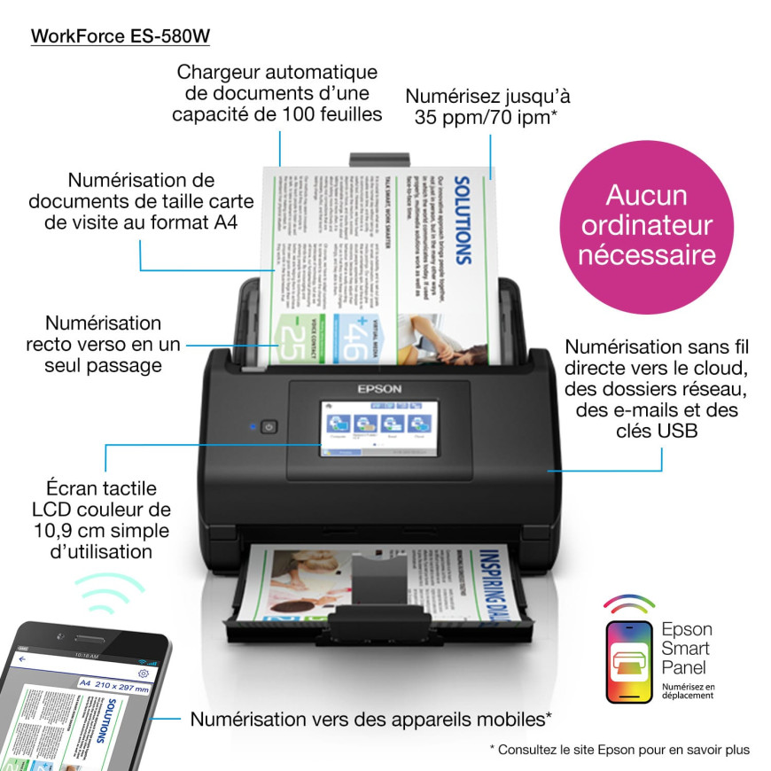 Epson WorkForce ES-580W – Scanner A4 recto verso hautes performances (B11B258401BA)