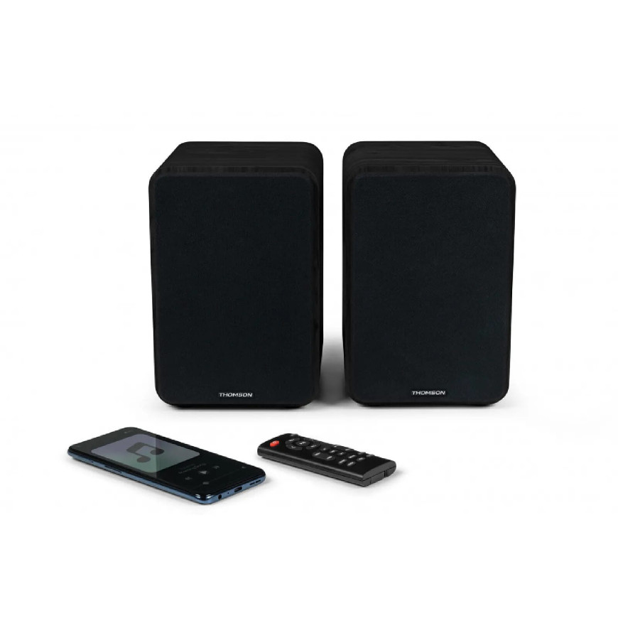 Thomson WS600DUO - Enceinte Bibliothèque Stéréo Bois Noir avec Télécommande