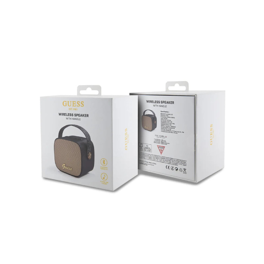 Guess Enceinte Bluetooth 5.3 Compacte 5W avec Sangle de Transport en Cuir Motif 4G Noir